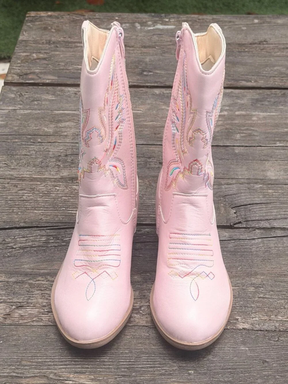 Kids Western Cowgirl Boots Girls Cowboy Boots Round Toe Pink Rainbow Stitch sz 1